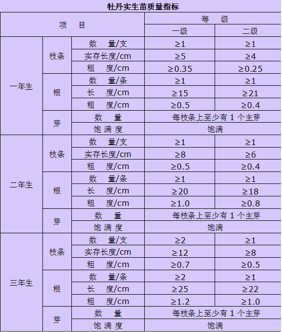 牡丹实生苗质量评价标准（一年生、二年生、三年生）